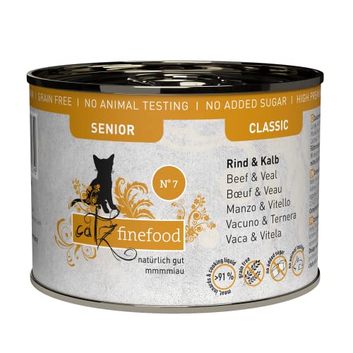 catz finefood Senior N°07 Rind & Kalb Katzenfutter nass - Premium Nassfutter für Ihre Senior Katze - getreidefrei, ohne Zucker, hoher Fleischanteil, Vitamine & Mineralien (6 x 200g Dose) von catz finefood