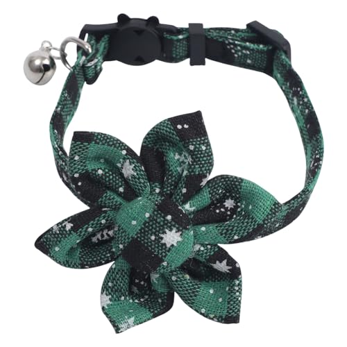 ccHuDE Weihnachtliches Schneeflocken-Katzenhalsband, kariert, Kätzchenhalsband, Schnellverschluss, verstellbares Breakaway-Haustierhalsband mit Glocke, grüne Blume von ccHuDE