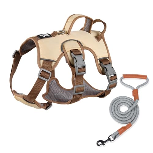 Hundegeschirr für Kleine und Mittelgroße Hunde Anti Zug Hundegeschirr Harness Verstellbar Atmungsaktiv Reflexstreifen Leicht Anzulegen (Beige-C,L) von champracer