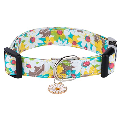 CHEDE Baumwoll-Hundehalsband für kleine, mittelgroße und große Hunde, Mädchen-Hundehalsband mit Schnellverschluss-Schnalle, Blumen, weich, verstellbar, Haustierhalsband (groß, gelbes Gänseblümchen) von chede