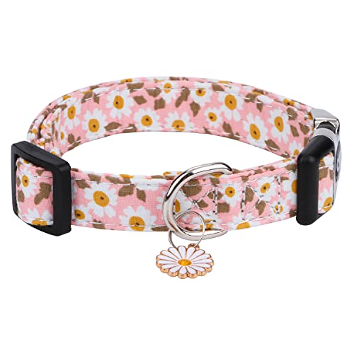 CHEDE Hundehalsband aus Baumwolle für kleine, mittelgroße und große Hunde, Mädchen-Hundehalsband mit Schnellverschluss-Schnalle, Blumen, weich, verstellbar, Haustierhalsband (Größe M, rosa Gänseblümchen) von chede