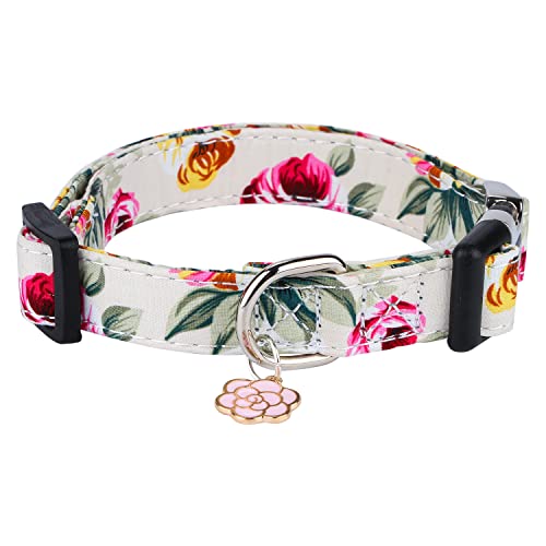 CHEDE Hundehalsband aus Baumwolle für kleine, mittelgroße und große Hunde, Mädchen-Hundehalsband mit Schnellverschluss-Schnalle, Blumen, weich, verstellbar, Haustierhalsband (Größe M, rosa Blume) von chede