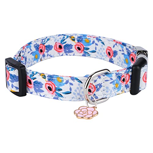 CHEDE Hundehalsband aus Baumwolle für kleine, mittelgroße und große Hunde, Mädchen-Hundehalsband mit Schnellverschluss-Schnalle, Blumen, weich, verstellbar, Haustierhalsband (mittelgroß, blaue Rose) von chede