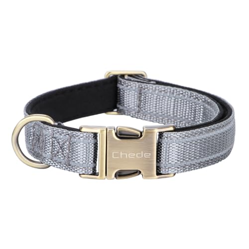 CHEDE Reflektierendes Hundehalsband, Metallschnalle, weiches Neopren, gepolstert, atmungsaktiv, Nylon, verstellbar, für kleine, mittelgroße und große Jungen, Mädchen, Hunde (Grau, Größe S) von chede