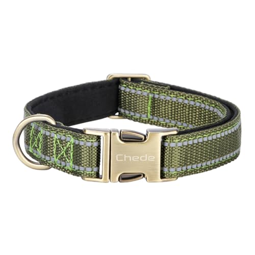 CHEDE Reflektierendes Hundehalsband, Metallschnalle, weiches Neopren, gepolstert, atmungsaktiv, Nylon, verstellbar, für kleine, mittelgroße und große Jungen, Mädchen, Hunde (Grün, L) von chede