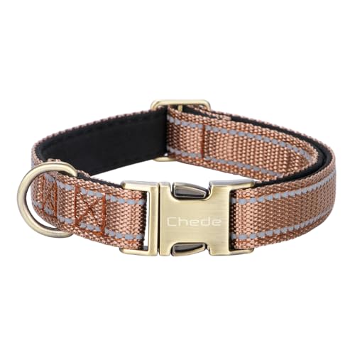 CHEDE Reflektierendes Hundehalsband, Metallschnalle, weiches Neopren, gepolstert, atmungsaktiv, Nylon, verstellbar, für kleine, mittelgroße und große Jungen, Mädchen, Hunde (Khaki, L) von chede