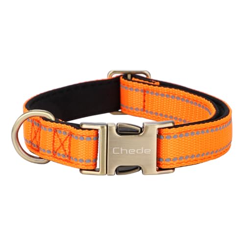 CHEDE Reflektierendes Hundehalsband, Metallschnalle, weiches Neopren, gepolstert, atmungsaktiv, Nylon, verstellbar, für kleine, mittelgroße und große Jungen, Mädchen, Hunde (Orange, L) von chede