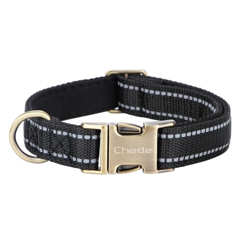 CHEDE Reflektierendes Hundehalsband, Metallschnalle, weiches Neopren, gepolstert, atmungsaktiv, Nylon, verstellbar, für kleine, mittelgroße und große Jungen, Mädchen, Hunde (Schwarz, Größe S) von chede