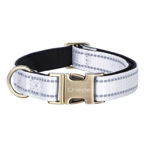 CHEDE Reflektierendes Hundehalsband, Metallschnalle, weiches Neopren, gepolstert, atmungsaktiv, Nylon, verstellbar, für kleine, mittelgroße und große Jungen, Mädchen, Hunde (Weiß, L) von chede