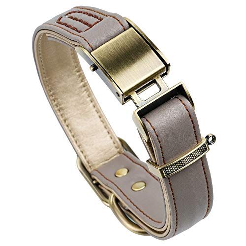 chede Classic Classic Hundehalsband, gepolstert, Leder, Sicherheitsgurtschnalle, für große, mittelgroße und kleine Haustiere (L, Khaki) von chede