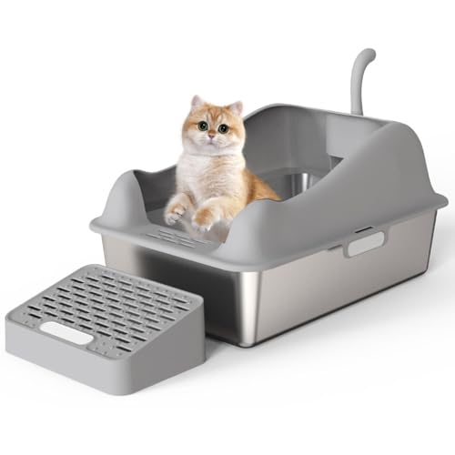 Edelstahl-Katzentoilette, Oben Offene Katzentoilette, Hochseitige, Spritzwassergeschützte Katzentoilette aus Metall mit Schaufel und Fußpedal, 23,62 X 15,75 X 11,81 Zoll, für von ciciglow