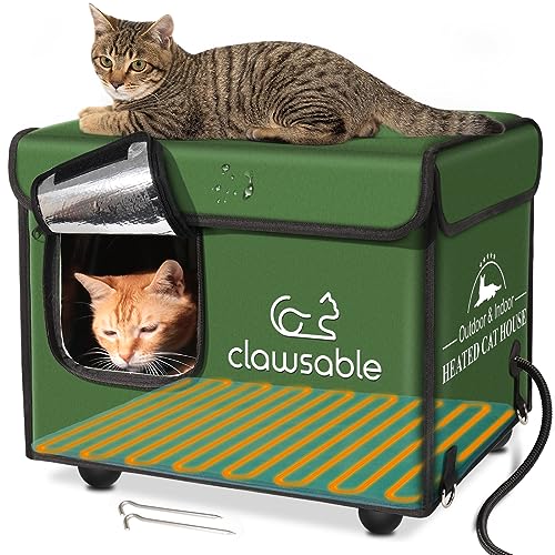 Clawsable Unzerstörbares, beheiztes Katzenhaus für Outdoor-Katzen im Winter, extrem wasserdicht, vollständig isoliert, für den Außenbereich, Wildkatzenhaus für streunende Scheunenkatzen, Buschgrün, S von clawsable