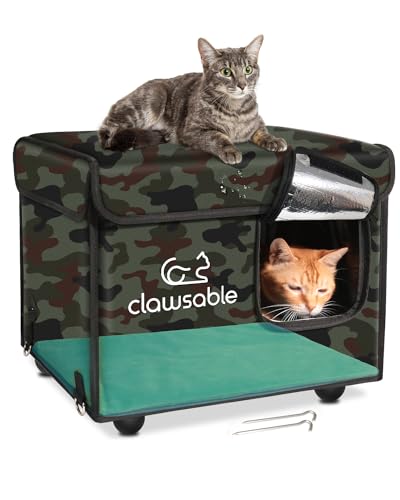 Unzerstörbares Katzenhaus für Outdoor-Katzen im Winter, extrem wasserdicht, vollständig isoliert & erhöht, für draußen wilde Katzenhaus-Unterschlupf für streunende Scheunenkatzen (Camo Green, Small) von clawsable