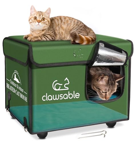 Clawsable Wetterfestes Katzenhaus für Outdoor-Katzen im Winter, unbeheiztes, erhöhtes, isoliertes Feral-Katzenhaus, wetterfester Katzenschutz für streunende Scheunenkatzen (Armeegrün, 30,5 x 39,4 cm) von clawsable