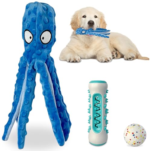 coarus Hundespielzeug – unzerstörbarer Hundeball + quietschendes Spielzeug für Hunde mit Oktopus + Leckerli-Spender für Hunde – Welpenspielzeug, um sie zu beschäftigen – mittelgroße und kleine Hunde von coarus