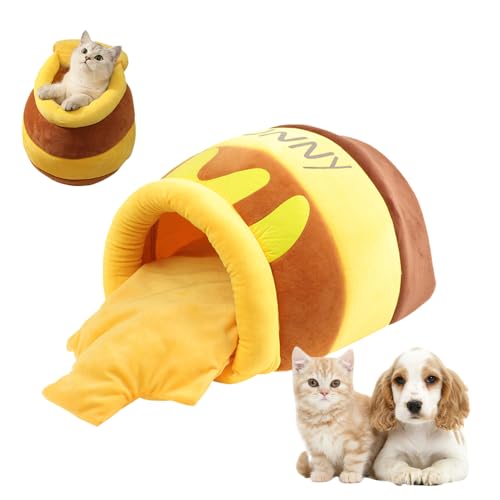 Cat Winter Sleeping Bag, 2024 Neuest Katzen Schlafsack Höhle, Honig Katzenschlafsack mit Abnehmbar Kissen Katzenbetten mit Plüsch Katzenbett Katzenhöhle Schlafsack für Katzen Waschbar Groß (L) von comepew