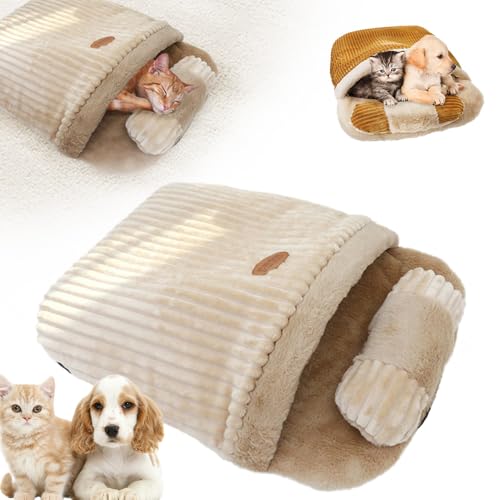 Cat Winter Sleeping Bag, 2024 Neuest Katzen Schlafsack Höhle, Katzenschlafsack mit Kissen Katzenbetten mit Plüsch Katzenbett Katzenhöhle Schlafsack für Katzen Waschbar Groß für Haustier (Beige) von comepew