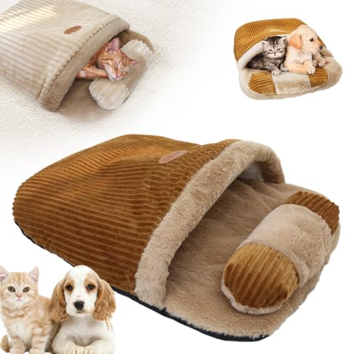 Cat Winter Sleeping Bag, 2024 Neuest Katzen Schlafsack Höhle, Katzenschlafsack mit Kissen Katzenbetten mit Plüsch Katzenbett Katzenhöhle Schlafsack für Katzen Waschbar Groß für Haustier (Braun) von comepew