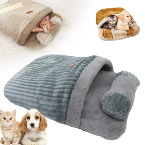 Cat Winter Sleeping Bag, 2024 Neuest Katzen Schlafsack Höhle, Katzenschlafsack mit Kissen Katzenbetten mit Plüsch Katzenbett Katzenhöhle Schlafsack für Katzen Waschbar Groß für Haustier (Grau) von comepew