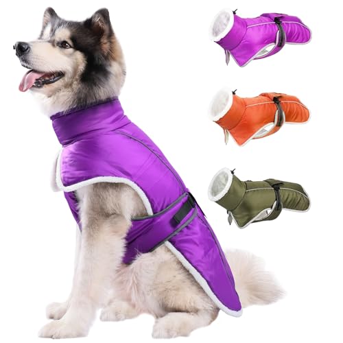 Comwish Hundemantel für große mittelgroße Hunde, Reflektierend, verstellbare Hunde-Winterweste Dickes Fleece gefütterte Hundejacke für kaltes Wetter mit hohem Kragen für Camping/Wandern, Lila, von comwish