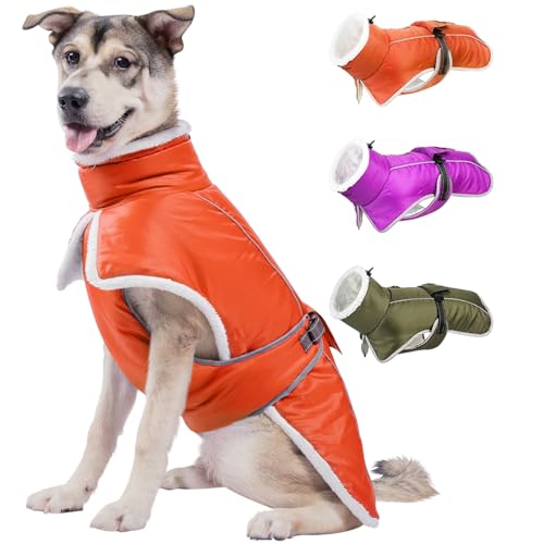 Comwish Hundemantel für große mittelgroße Hunde, Reflektierende verstellbare Hunde-Winterweste Dickes Fleece gefütterte Hundejacke für Kaltwetterjacke mit hohem Kragen für Camping/Wandern, Orange, XL von comwish