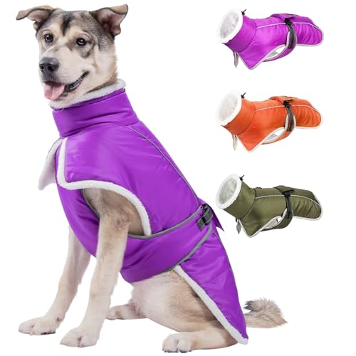 Comwish Hundemantel für große mittelgroße Hunde, Reflektierende verstellbare Hunde-Winterweste Dickes Fleece gefütterte Hundejacke für Kaltwetterjacke mit hohem Kragen für Camping/Wandern, Lila, XL von comwish