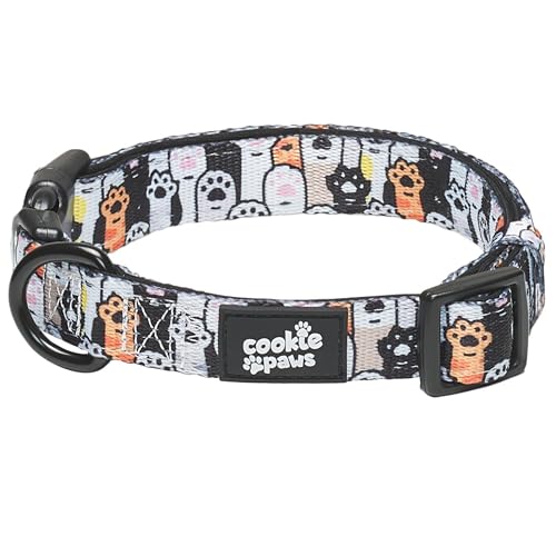 Cookie Paws Weiches Neopren-gepolstertes Hundehalsband für kleine Hunde, bequem, verstellbar, Schnellverschluss, langlebig, atmungsaktiv, leicht zu reinigen, niedlich, schick, Pfoten, Schwarz / Weiß von cookie paws