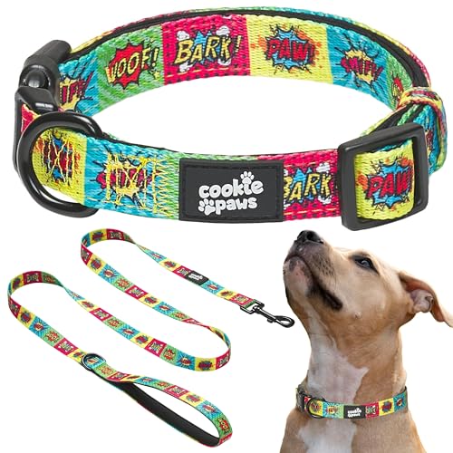 Cookie Paws Hundehalsband und Leine, weiches Neopren, gepolstert, für mittelgroße Hunde, bequem, verstellbar, Schnellverschluss, langlebig, atmungsaktiv, leicht zu reinigen, niedlich, schick, Cartoon, von cookie paws