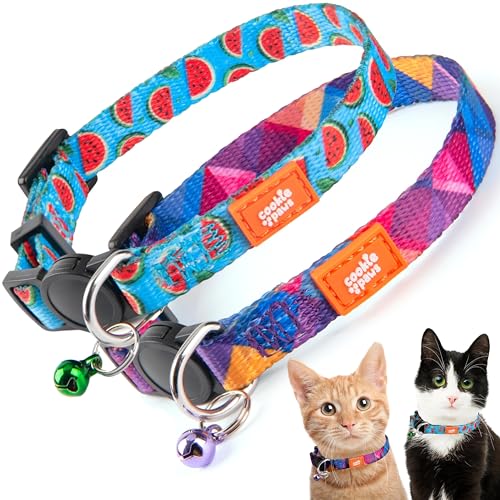 Cookie Paws Katzenhalsband mit Glöckchen – 2 Stück niedliche Katzenhalsbänder für Jungen, Katzen und für Mädchen, Katzen, Kätzchenhalsband, verstellbar, Schnellverschluss-Sicherheitsschnallen, 2 von cookie paws