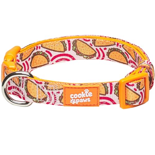 Cookie Paws Weiches Neopren-gepolstertes Hundehalsband für kleine Hunde, bequem, verstellbar, Schnellverschluss, langlebig, atmungsaktiv, leicht zu reinigen, niedlich, schick, Tacos, Orange von cookie paws