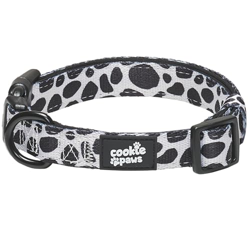 Cookie Paws Weiches Neopren gepolstertes Hundehalsband für kleine Hunde | bequem, verstellbar, Schnellverschluss, langlebig, atmungsaktiv, leicht zu reinigen, niedlich, ausgefallen, Kuh-Druck, Schwarz von cookie paws