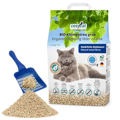 COSYCAT Klumpendes Bio-Katzenstreu aus Holz [100% Natürlich] – in der Toilette entsorgbar – Klumpstreu pflanzlich - Holzstreu (GROB, 10 l (1 x 10 l)) von cosycat NATURAL CAT LITTER