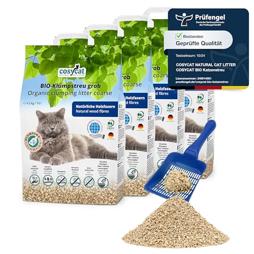 COSYCAT Klumpendes Bio-Katzenstreu aus Holz [100% Natürlich] – in der Toilette entsorgbar – Klumpstreu pflanzlich - Holzstreu (GROB, 40 l (4 x 10 l)) von cosycat NATURAL CAT LITTER