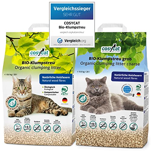 COSYCAT Klumpendes Bio-Katzenstreu aus Holz [100% Natürlich] – in der Toilette entsorgbar – Klumpstreu pflanzlich - Holzstreu (Mix FEIN + GROB, 40 l (20 l + 20 l)) von cosycat NATURAL CAT LITTER