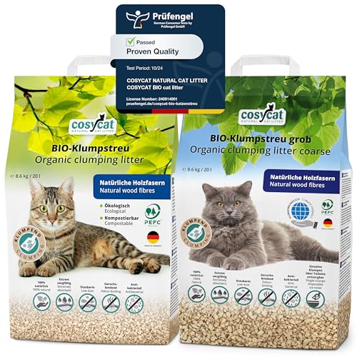 COSYCAT Klumpendes Bio-Katzenstreu aus Holz [100% Natürlich] – in der Toilette entsorgbar – Klumpstreu pflanzlich - Holzstreu (Mix FEIN + GROB, 40 l (20 l + 20 l)) von cosycat NATURAL CAT LITTER