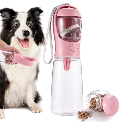 Cozinester 2-in-1-Wasserflasche und Futterbehälter, Outdoor-Reiseflasche, auslaufsicheres Hundezubehör, tragbarer Haustier-Reise-Wasserspender mit Schüssel (550ml/538.6 g) (Rosa, Groß) von cozinester