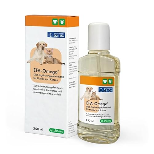 cp-pharma EFA-Omega Hund und Katze | 250 ml | Flüssiges Ergänzungsfuttermittel für Hund und Katze | Zur Unterstützung der Hautfunktion bei Dermatose und bei Haarausfall von cp-pharma