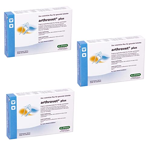 cp-pharma arthrovet plus | 3er Pack | 3 x 90 Tabletten | Ergänzungsfuttermittel für Hunde und Katzen | Für die physiologische Funktion der Gelenke und den Knochenaufbau von cp-pharma