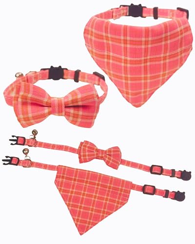 Csvbx Katzenhalsband, mit Glöckchen, abnehmbarer Schleife und Bandana, Karomuster und Sicherheitsschnalle, verstellbar, 20,1 cm - 27,9 cm, Rosa, 2 Stück von csvbx