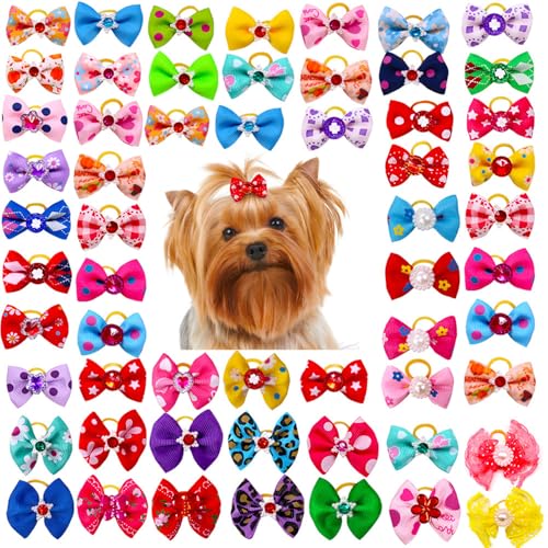 cuhair 10pcs Hundehaarzubehör Bogen, Strass Perlen Bogenknoten mit Gummibändern für Topknot Bögen Styling für Welpen Yorkshire Teddy von cuhair