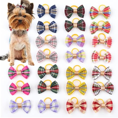 cuhair 20pcs Yorkie Malteser Hund Welpe Kleine Hundekatze Klassische Streifen Bowknot Haar Bögen mit Gummiband Handgemachte Haar Zubehör Bow Pet Grooming Produkte von cuhair