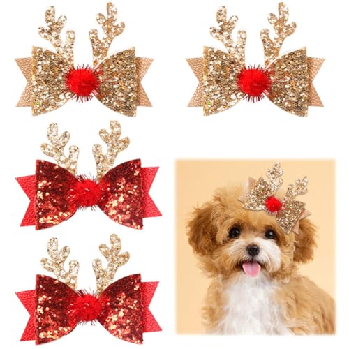 cuhair 4 Stück (2 Paar) kleine Hundehaar-Accessoires für Weihnachten, Pailletten-Glitzer-Schleife, Geweih, Haarspange für Malteser, Teddy, Yorkshire, Tanzparty von cuhair