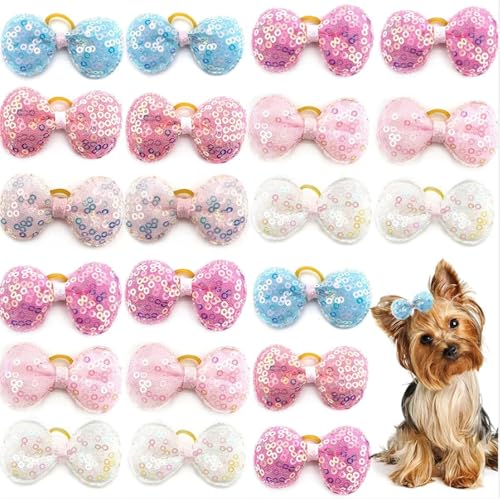 cuhair Glitzer-Haarschmuck für kleine Hunde, Pailletten-Schleife mit Gummiband, Haargummi für lange Hunde, Haustiere, Teddy, Yorkie, Malteser, Party, 20 Stück von cuhair