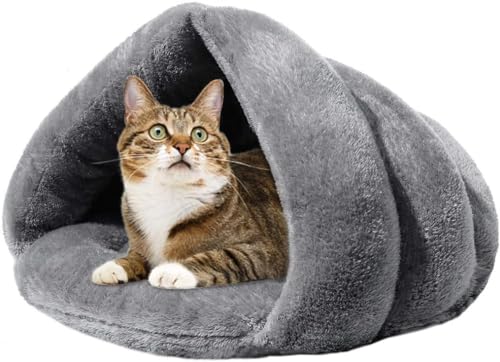 cutecool Weiches und warmes Katzenbett, Winter-Katzenzelt, selbstheizendes Schlafbett, Katzen-Plüsch-Haustierhöhlenbett, Winter-Haustierwelpe, Innenbereich, Haustier-Dreieck-Nest (grau) von cutecool