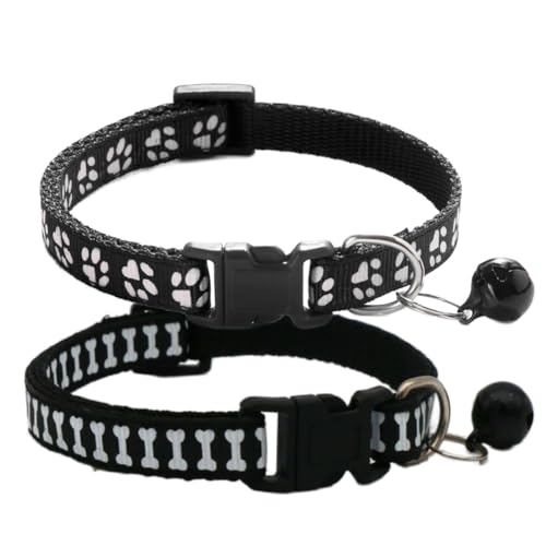 Black Xs Hundehalsband mit Glöckchen, 2er-Pack, Basic & Bone Katzenhalsbänder mit Glöckchen, Welpenhalsband für XXS, XS, kleine Haustiere, Hunde, weiblich, Kätzchen, Mädchen, Tier, Halsumfang 17,8 - von cyhaen