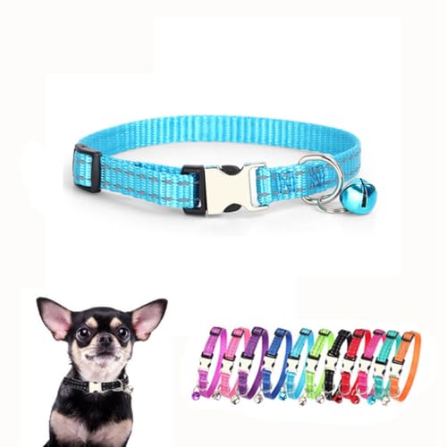 Extra kleines Hundehalsband mit Glöckchen, reflektierende Nylon-Metallschnalle, Schnellverschluss, Welpenhalsbänder für kleine Haustiere, männliche Hunde, Katzen, Kätzchen, Tier, Hellblau, XS von cyhaen