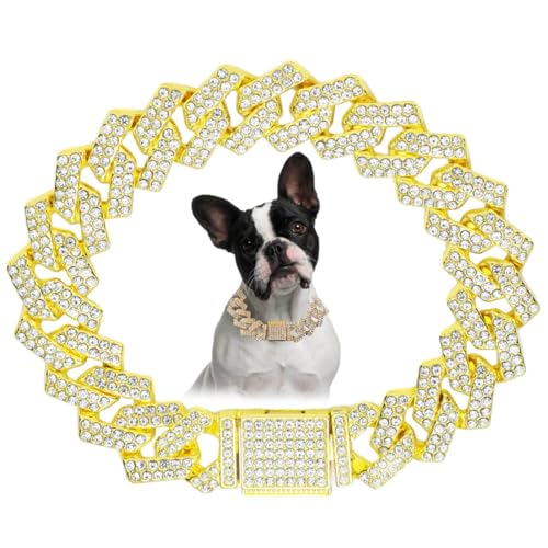 Halsband für kleine Hunde, Diamant-Metall, kubanische Glieder-Hundehalsband, 15 mm breit, glitzernd, für kleine, mittelgroße und große Haustiere, Hunde, Katzen, Goldweiß (25,4 cm) von cyhaen