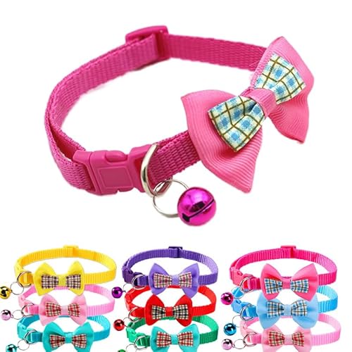 Hundehalsband, Glöckchen für kleine Hunde, weiches Nylon, Identifikation, Katzenhalsband, mit Fliege, verstellbare Schnalle, für XXS, XS, kleine Hunde, Halsumfang 19,1 - 32,5 cm, Hot Pink von cyhaen