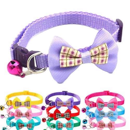 Hundehalsband für kleine Hunde mit Glöckchen, weiches Nylon, für Mädchen, Welpen, Halsband mit Fliege, verstellbare Schnalle, für XXS, XS, kleine Hündinnen, Halsumfang 19,1 - 32,5 cm, Violett von cyhaen