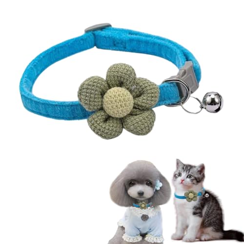 Hundehalsband mit Glöckchen, blaues Blumen-Katzenhalsband mit Glöckchen, Wildleder, niedlich, ausgefallenes Welpenhalsband mit Glöckchen, für XXS, XS, kleines Kätzchen, Hündinnen, Halsumfang 20,3 - von cyhaen